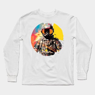 Man With Helmet Video Game Character Futuristic Warrior Portrait  Abstract Long Sleeve T-Shirt